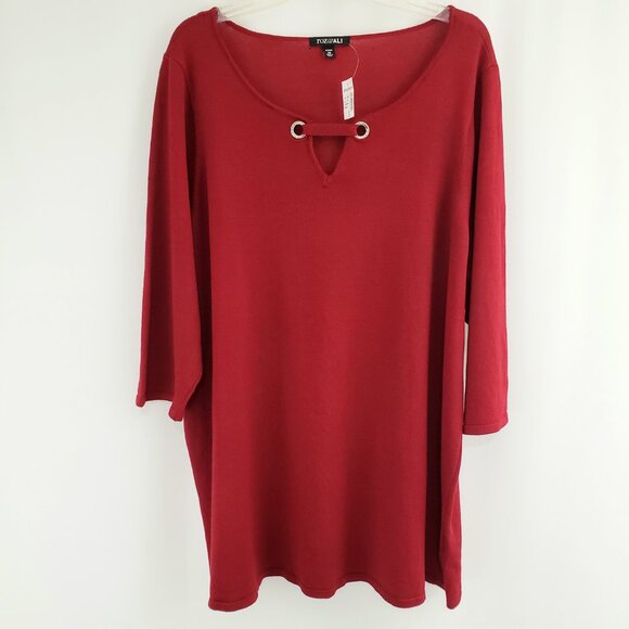Roz & Ali Knit Top Size 3X Red Maroon Tunic Length V-Neck Grommet 3/4-Sleeve - Picture 1 of 7